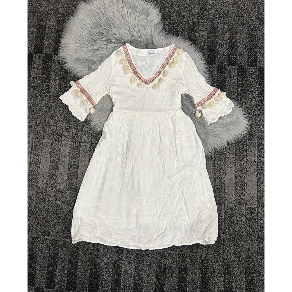 Anany Cream Boho Viscose/Linen Dress With Colored Stitching Embelishment Size‎ M